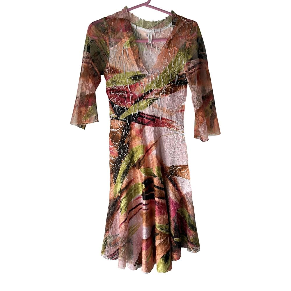 LINDI Dress Womens‎ Small Mesh Sheer Crinkle Boho Y2k Flare Sleeve Retro